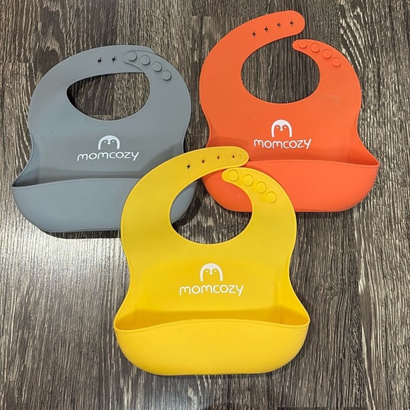 Set of 3 Mom Cozy Silicone Baby Bibs - Gray, Orange, & Yellow - Picture 1 of 4